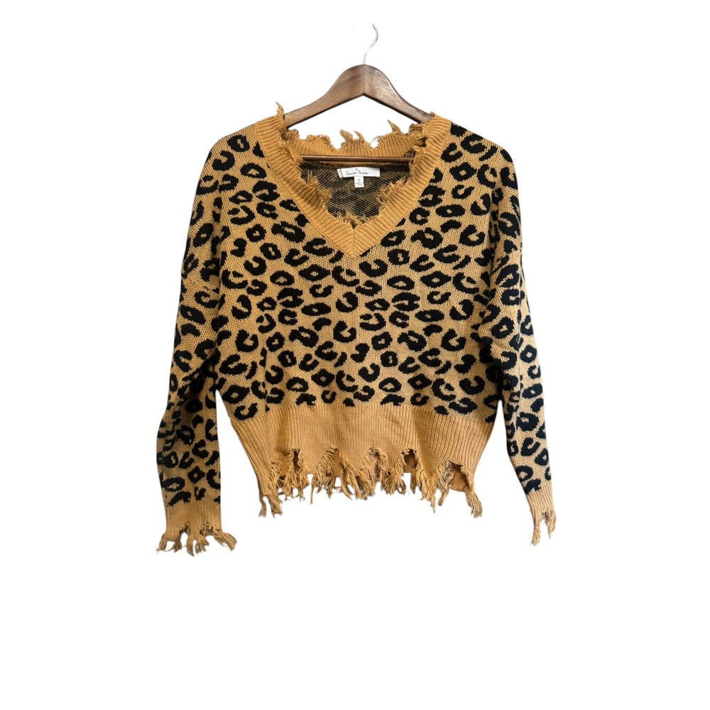Love Tree Sweater Women Small Tan Leopard Print Excellent Distressed V-Neck Knit